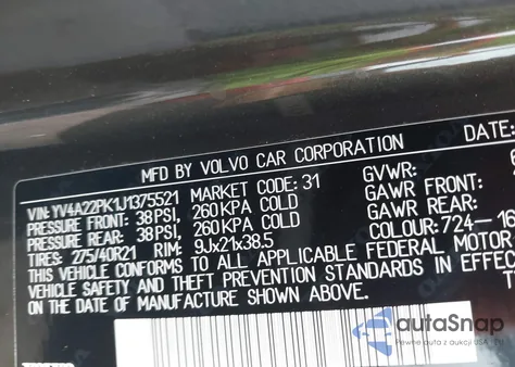 2018 Volvo Xc90 T6 Momentum z USA, uszkodzony, nr VIN YV4A22PK1J1375521